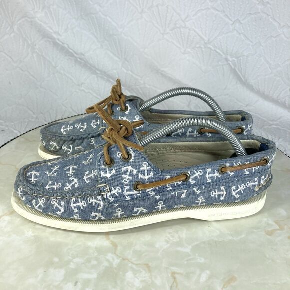Sperry Top Sider Shoes Womens Size 6 Blue Canvas Blue Anchor Nautical Loafers - Picture 5 of 11